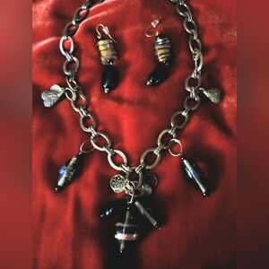 Lucky Brand Black and Gold Bead Charm Necklace with Matching Earrings